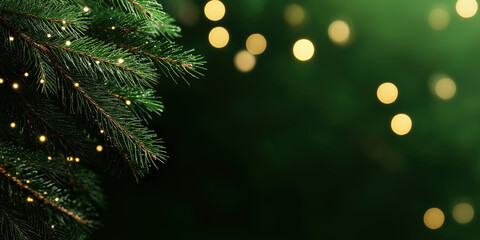 Wall Mural - pine tree branch with golden bokeh lights. christmas and winter holidays background