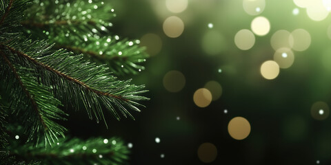 Wall Mural - Pine tree branch with snow and bokeh lights. Christmas and winter holidays background