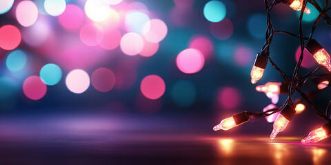 Wall Mural - Christmas lights with pink and blue bokeh background. Holiday celebration content