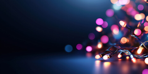 Wall Mural - Christmas string lights with dark blue background. Holiday celebration content
