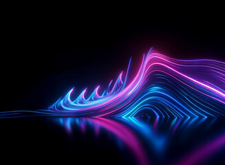 Fototapete - Abstract digital art depicting vibrant, glowing neon pink and blue lines forming flowing, wave-like patterns reflecting on a dark surface.