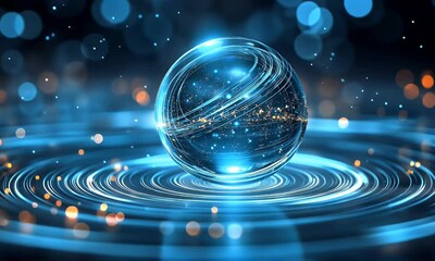 Aufkleber - Glowing sphere rotates on platform, bokeh background, digital art, tech concept