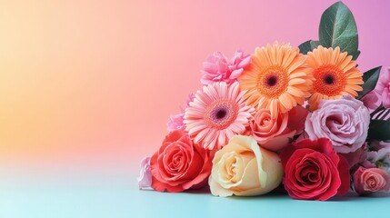 Fototapete - Vibrant 2025 design with bright gerbera daisies and roses, set against a soft pastel gradient background