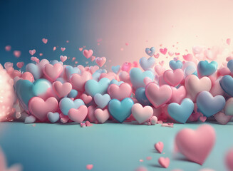 Canvas Print - A wave of pastel pink and blue hearts cascades across a light teal surface.  Small hearts float in the air, creating a dreamy, romantic atmosphere.