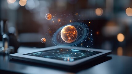 Poster - Digital Tablet Displaying Solar System with Planets and Stars