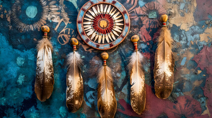 Aufkleber - Vibrant Feather Art on Textured Background with Native American Influence : Generative AI