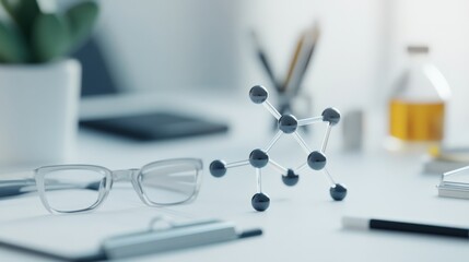 Aufkleber - Molecular Model in Modern Workspace with Glasses and Plant