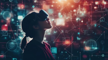 Fototapete - Woman in Virtual Reality Headset Surrounded by Digital Data Visuals