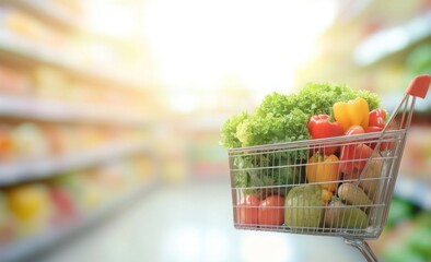 Cart full of grocery products in a supermarket