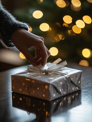 A close-up captures a hand delicately setting a beautifully wrapped gift on a glossy table, with soft lighting accentuating the thoughtful gesture.