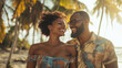 © Rajib - happy couple walking close together on a beach with palm trees in the background,