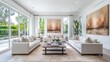 © Restuart - A bright and airy living room features white sofas, a wooden coffee table, and large paintings