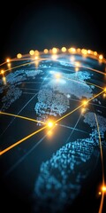 Poster - Global network connection with glowing nodes and lines on digital world map against dark background
