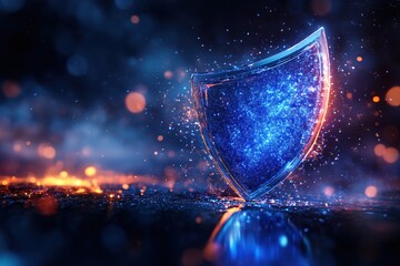Poster - Glowing blue shield with sparkling particles on a dark reflective surface digital security concept