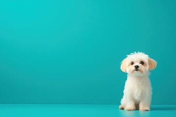 Minimalist portrait of a playful Bichon Maltese against blue background in a neutral studio - Isolated domestic pet