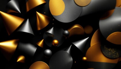 Poster - Abstract geometric art with black and gold spheres, cones, and circles