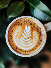 Poster - Elegant Latte Art with Leaf Design in Ceramic Cup for Coffee Enthusiasts : Generative AI