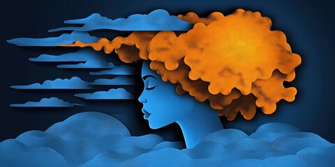 Poster - Woman profile with orange hair and blue clouds against a dark background digital art style