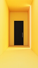 Poster - A luminous yellow room emanates warmth and creativity, featuring a stark black door that invites curiosity and potential adventure. Light streams in, creating a soft ambiance