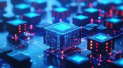 Poster - Futuristic Computer Chips with Neon Lights and Circuit Board Design