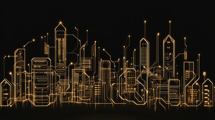 Poster - Futuristic City Skyline with Circuit Patterns and Neon Lights