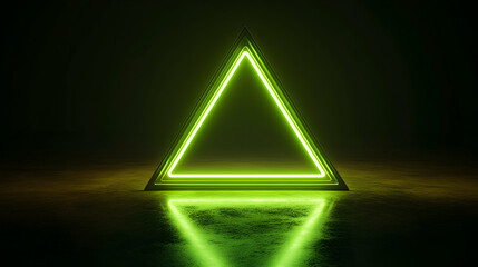 Wall Mural - Glowing Neon Green Triangle in Dark Environment with Reflection