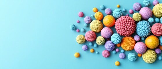 Poster - Colorful textured spheres on a light blue background creating a playful and vibrant abstract design