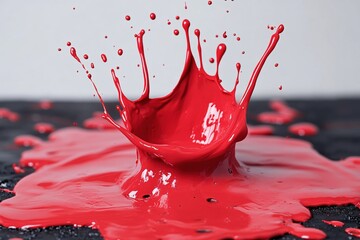 Aufkleber - Dynamic red paint splash with droplets and liquid spreading on a dark surface in studio shot