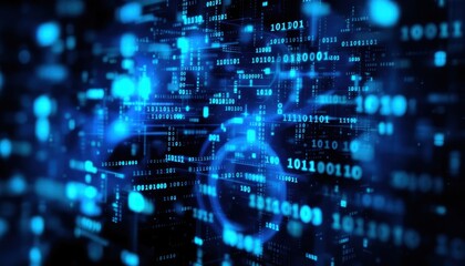 Fototapete - Futuristic digital data stream with glowing blue binary code