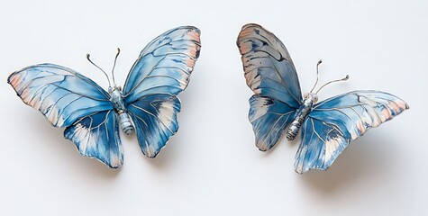 Two blue morpho butterflies, one in flight and the other with wings spread open on a white background