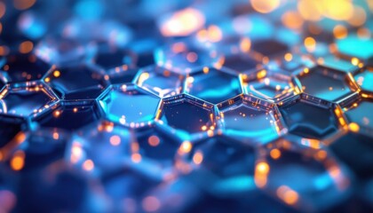 Fototapete - Close-up of glowing hexagonal shapes with blue and orange lights