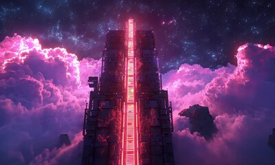 Poster - Neon Cloud Tower Futuristic structure glowing amidst cosmic clouds, potential game background