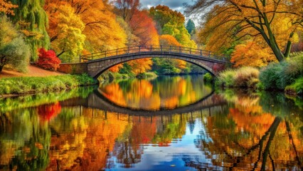  Autumn Bridge Over River with Reflected Foliage, seasonal, vibrant,  seasonal, vibrant,autumn, leaves, serene, bridge, tranquil