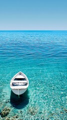 Wall Mural - tranquil scene of a single rowboat floating on clear blue ocean waters under bright sky awareness st