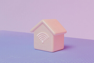 Poster - Smart Home Concept: A minimalist, light-pink house figurine with a wifi symbol subtly embossed on its surface sits on a textured, pale purple background.  This image evokes feelings of modern living.