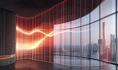 Poster - Modern office, city view, glowing wave, interior design