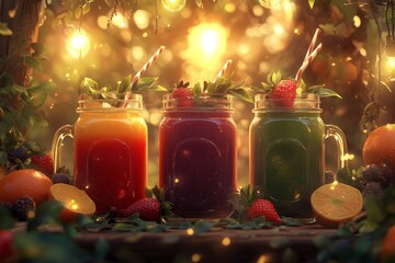 Wall Mural - Three mason jars filled with colorful fruit smoothies, garnished with fresh fruit and mint, on a rustic wooden surface with a bokeh background.