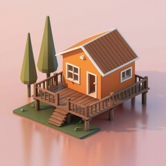Wall Mural - a lowpoly 3d rendering of an orange house with a wooden deck and two trees.