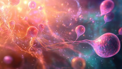 Poster - Abstract cells with vibrant colors and glowing particles create a surreal cosmic effect