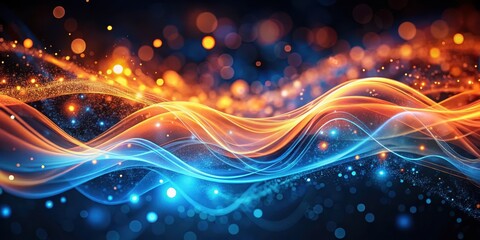 Vibrant orange and blue light waves create a mesmerizing abstract pattern on a dark background with a soft bokeh effect, Textured Background, Cosmic Theme