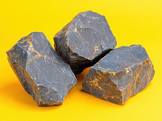 Aufkleber - Three Rough Stones on a Bright Yellow Background Creating a Bold and Minimalist Composition