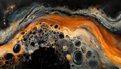 Poster - Abstract Fluid Art Composition with Vibrant Oranges and Deep Black Bubbles