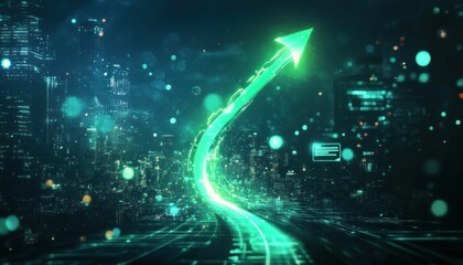 Poster - Glowing green arrow soaring through futuristic cityscape symbolizing growth