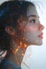 Poster - Beautiful woman profile with galaxy overlay and glowing particles ethereal dreamy portrait