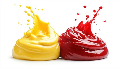 Aufkleber - Mustard and Ketchup Splashes Vibrant Condiment Duo on White Background Food Photography