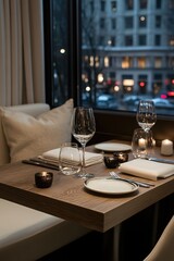 Poster - Elegant table setting with city view at night in a restaurant with soft lighting and neutral tones