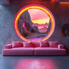 Aufkleber - Modern pink living room with circular window stone walls neon lights futuristic decor