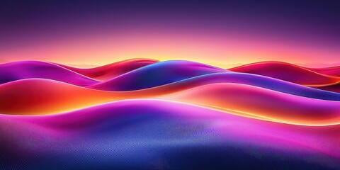 Wall Mural - A mesmerizing desert horizon with glowing pink and orange sand dunes stretching endlessly, illuminated by a twilight sky painted with soft shades of purple and gold, creating a calming and ethereal 