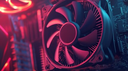 Poster - Close up of a Computer cooler fan with motherboard and RGB lighting effect