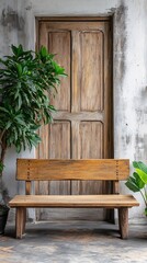Poster - Rustic wooden bench before a weathered door with green plants and textured wall background